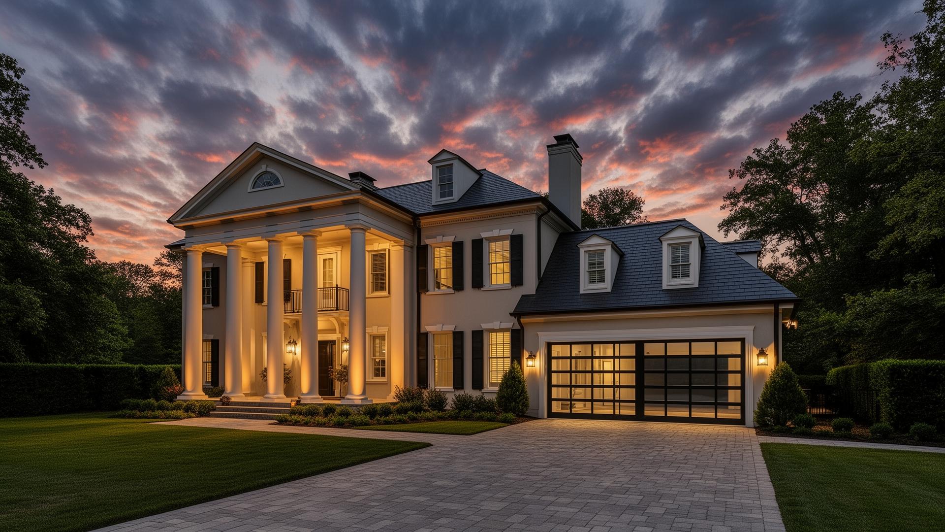 Luxury Georgian mansion with modern glass and aluminum garage doors at dusk